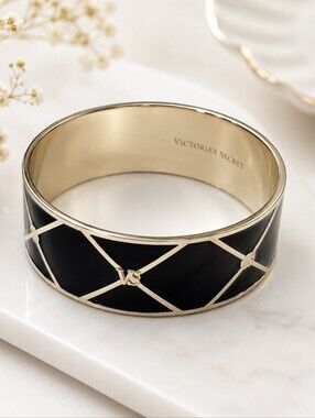 Victoria's Secret Black Enamel VS Logo Hinged Bangle Bracelet 2.5"